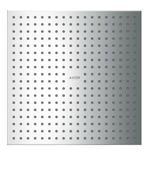 Kopfbrause mit quadratischer Form und zahlreichen kleinen Düsen, aus glänzendem Chrom, mit der Marke AXOR auf der Oberfläche.